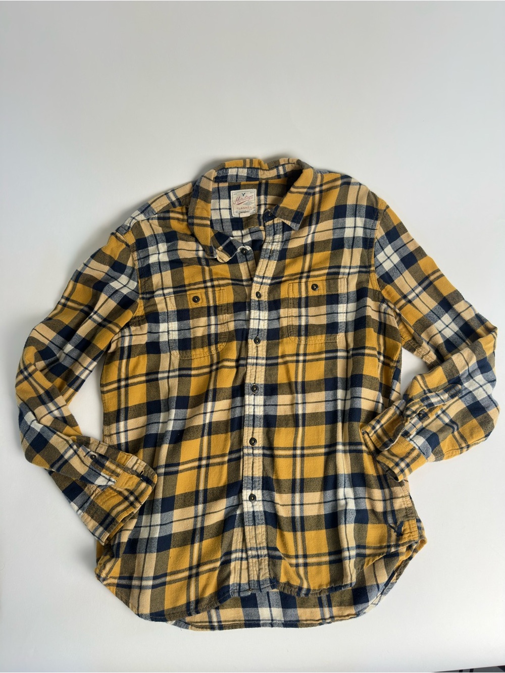 American Eagle Outfitters Yellow Navy Plaid Heritage Classic Flannel Shirt